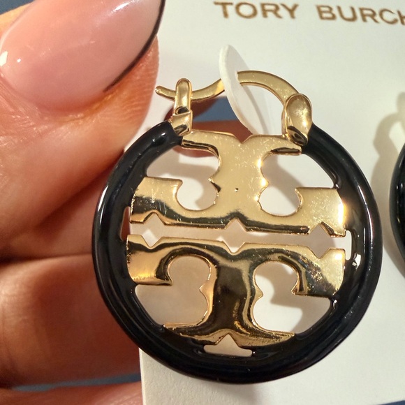 Tory Burch Miller Small Hoop Earrings Black Ename - Picture 2 of 7